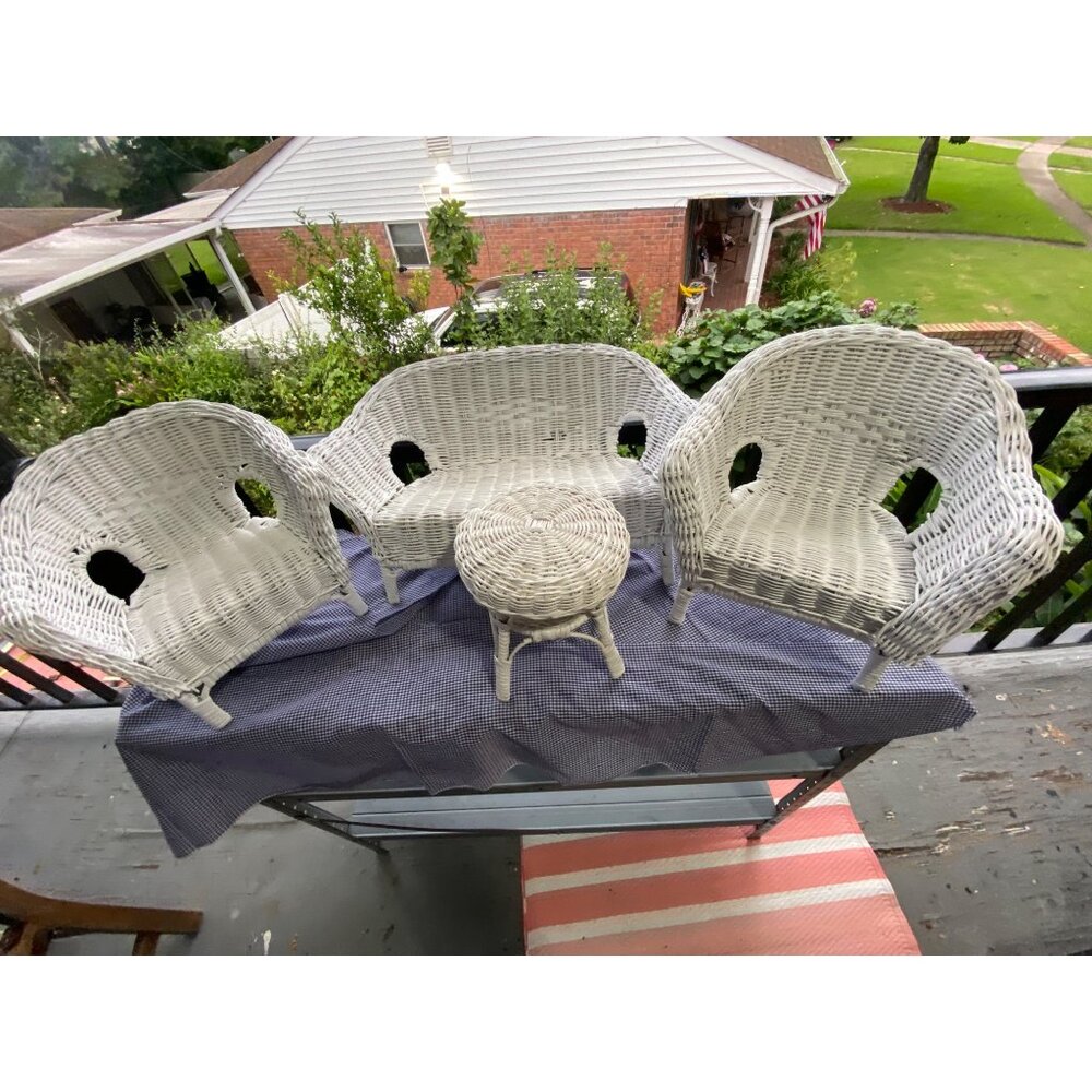 Vintage White Wicker Doll Furniture Set With 3 Chairs & Table